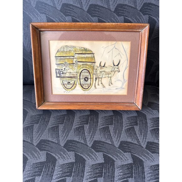Vintage Ox & Cart Framed Artwork With Wooden Frame - Picture 1 of 5